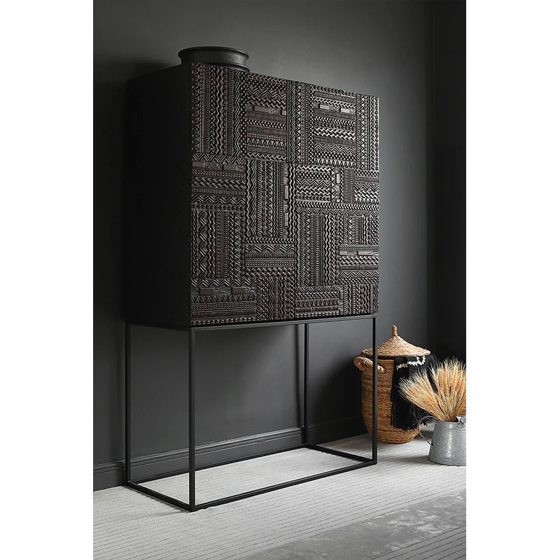 オークとチークのアイアンキャビネット - アンティーク調デザイン、モダンインテリアに最適! hsxz-2189