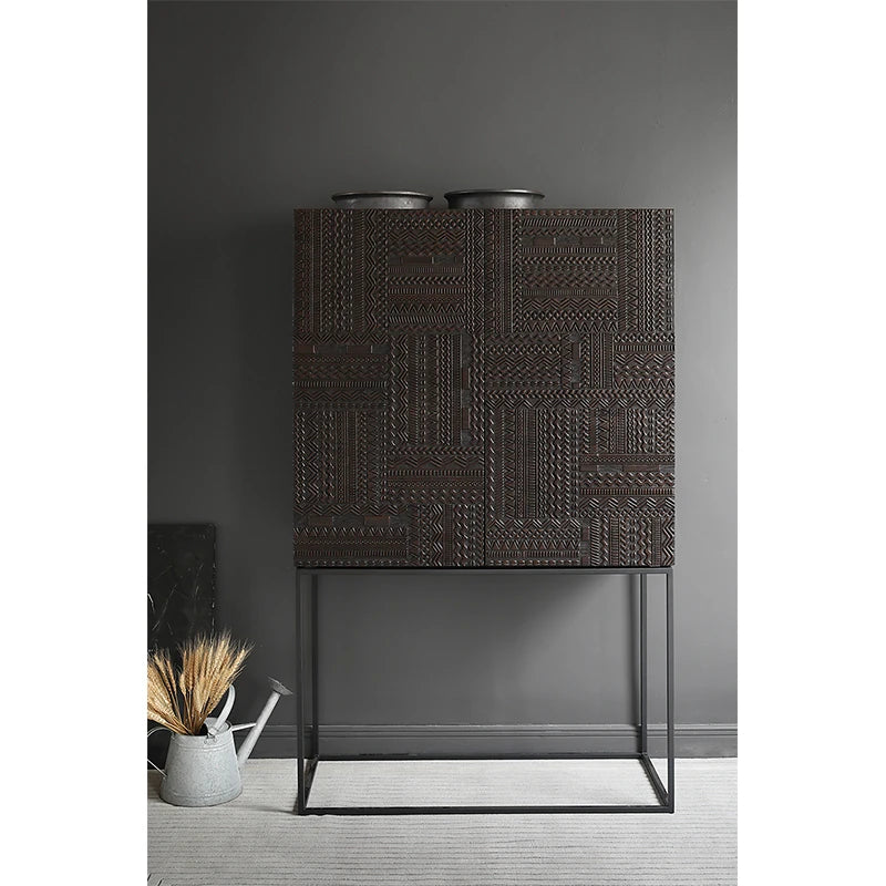 オークとチークのアイアンキャビネット - アンティーク調デザイン、モダンインテリアに最適! hsxz-2189