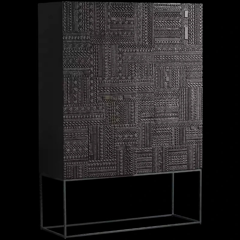 オークとチークのアイアンキャビネット - アンティーク調デザイン、モダンインテリアに最適! hsxz-2189