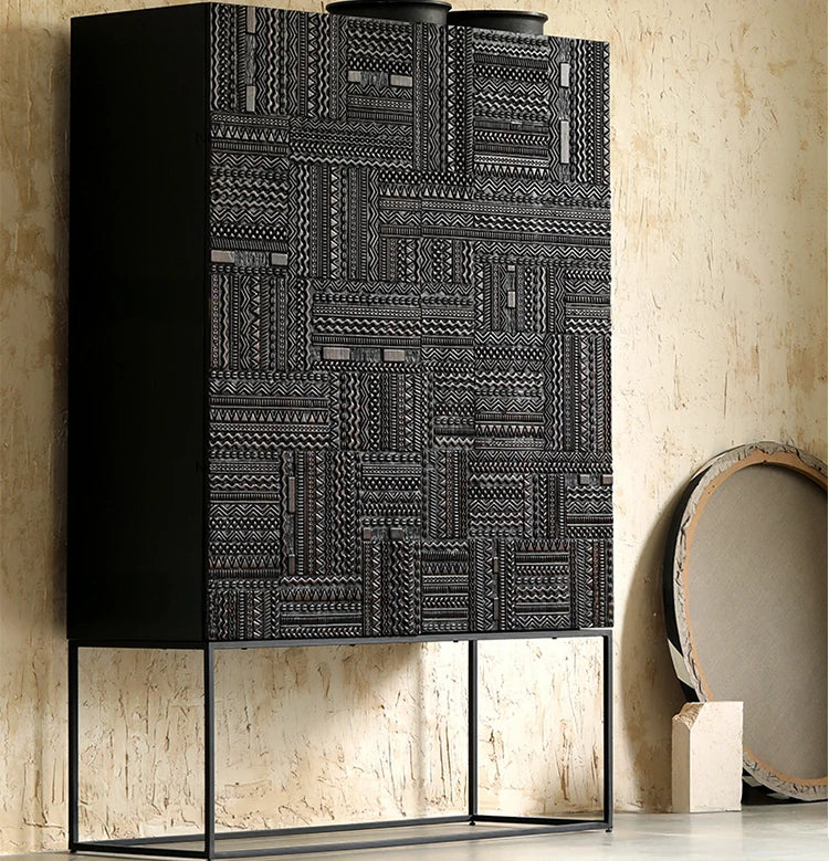 オークとチークのアイアンキャビネット - アンティーク調デザイン、モダンインテリアに最適! hsxz-2189