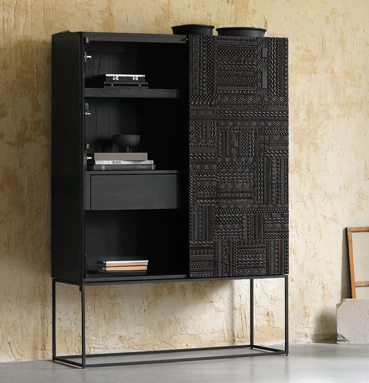 オークとチークのアイアンキャビネット - アンティーク調デザイン、モダンインテリアに最適! hsxz-2189