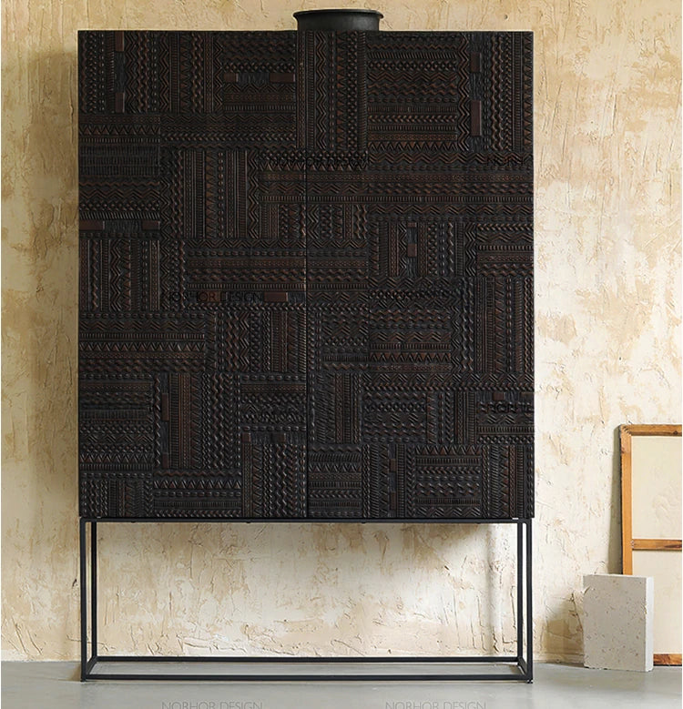 オークとチークのアイアンキャビネット - アンティーク調デザイン、モダンインテリアに最適! hsxz-2189