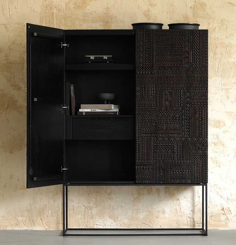 オークとチークのアイアンキャビネット - アンティーク調デザイン、モダンインテリアに最適! hsxz-2189