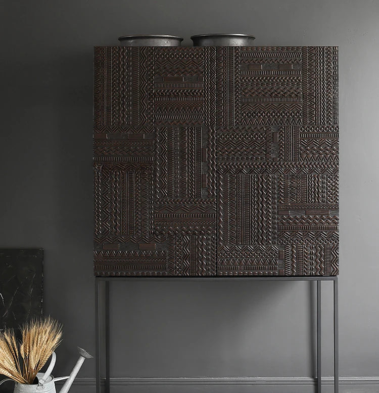 オークとチークのアイアンキャビネット - アンティーク調デザイン、モダンインテリアに最適! hsxz-2189