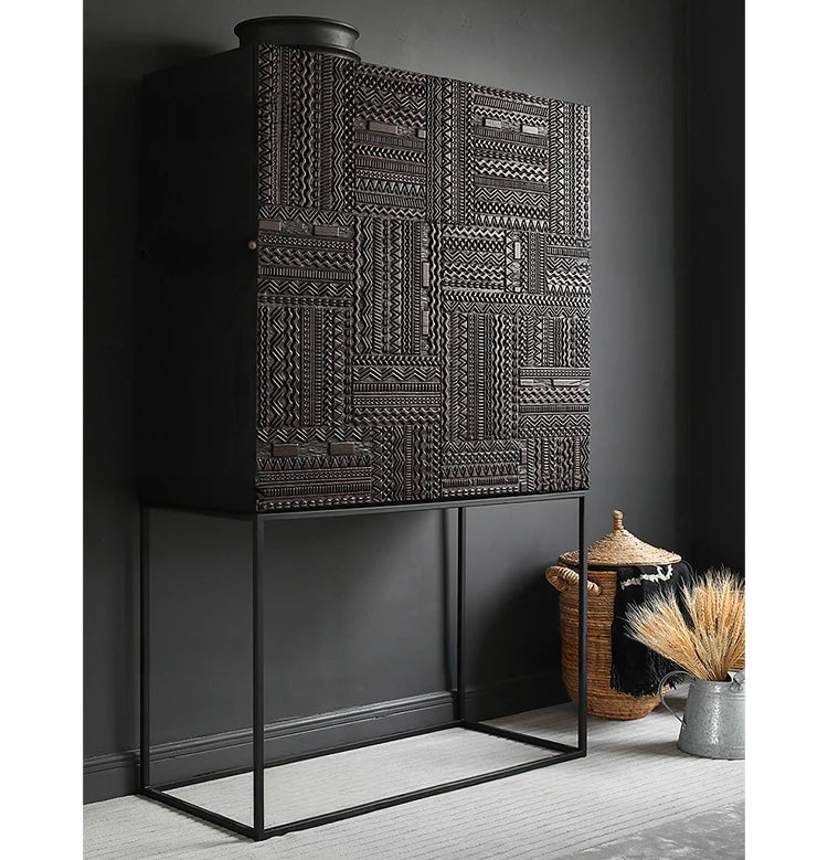 オークとチークのアイアンキャビネット - アンティーク調デザイン、モダンインテリアに最適! hsxz-2189