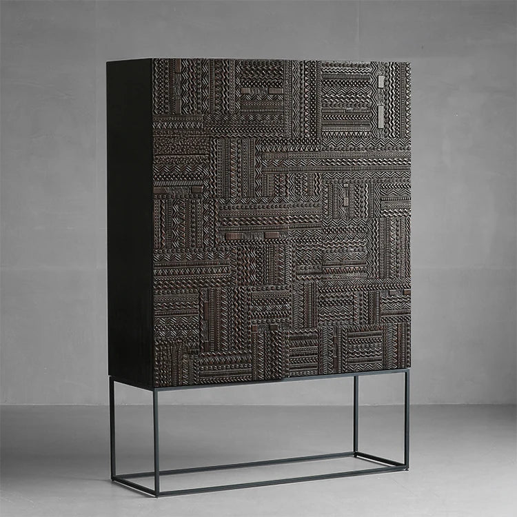 オークとチークのアイアンキャビネット - アンティーク調デザイン、モダンインテリアに最適! hsxz-2189