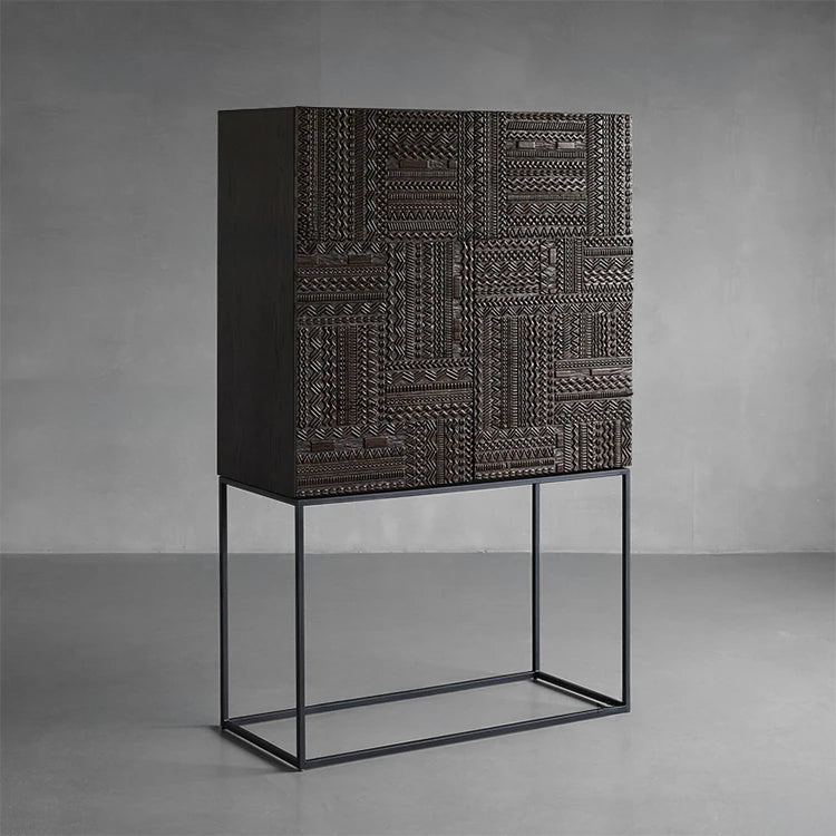 オークとチークのアイアンキャビネット - アンティーク調デザイン、モダンインテリアに最適! hsxz-2189