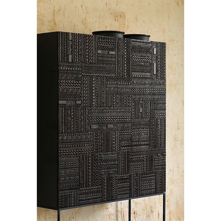 オークとチークのアイアンキャビネット - アンティーク調デザイン、モダンインテリアに最適! hsxz-2189