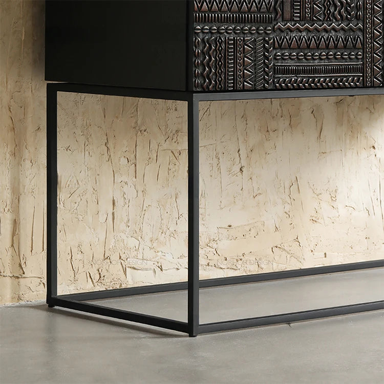 オークとチークのアイアンキャビネット - アンティーク調デザイン、モダンインテリアに最適! hsxz-2189