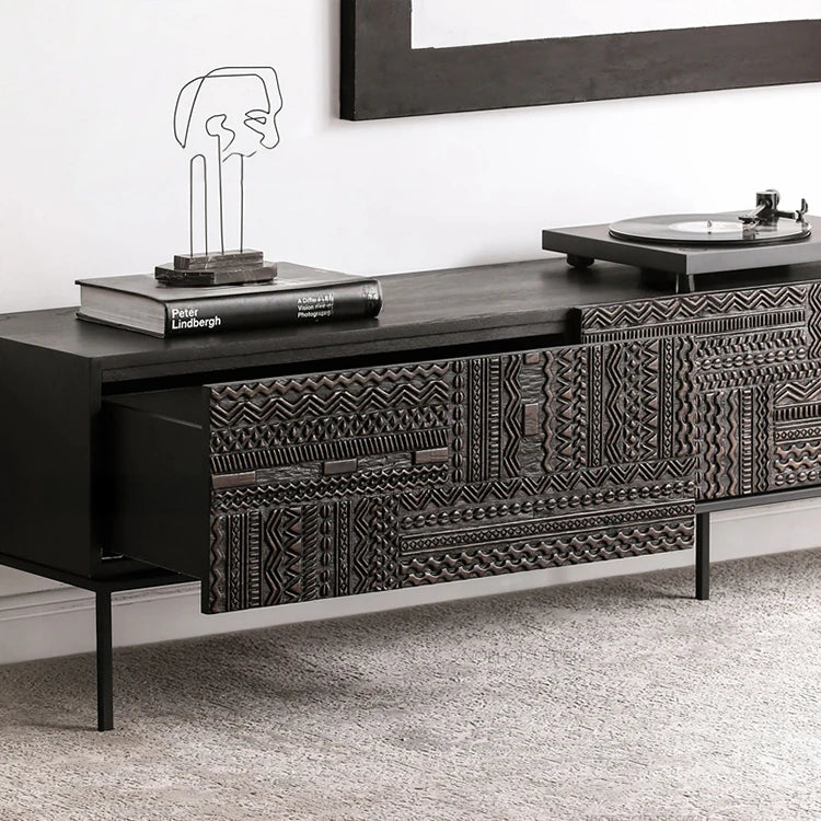 チーク調のモダンテレビ台 - 中密度繊維板製、スタイリッシュな収納キャビネット hsxz-2194