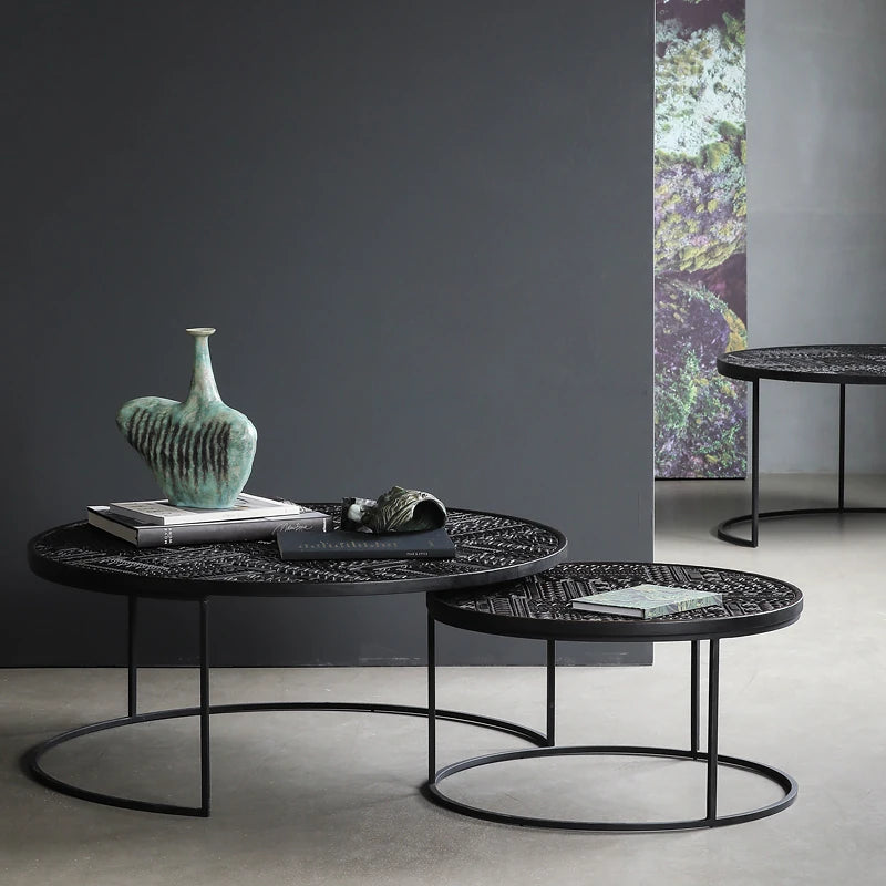 チーク材使用!スタイリッシュなデザインのセンターテーブル【彫刻模様】 hsxz-2197