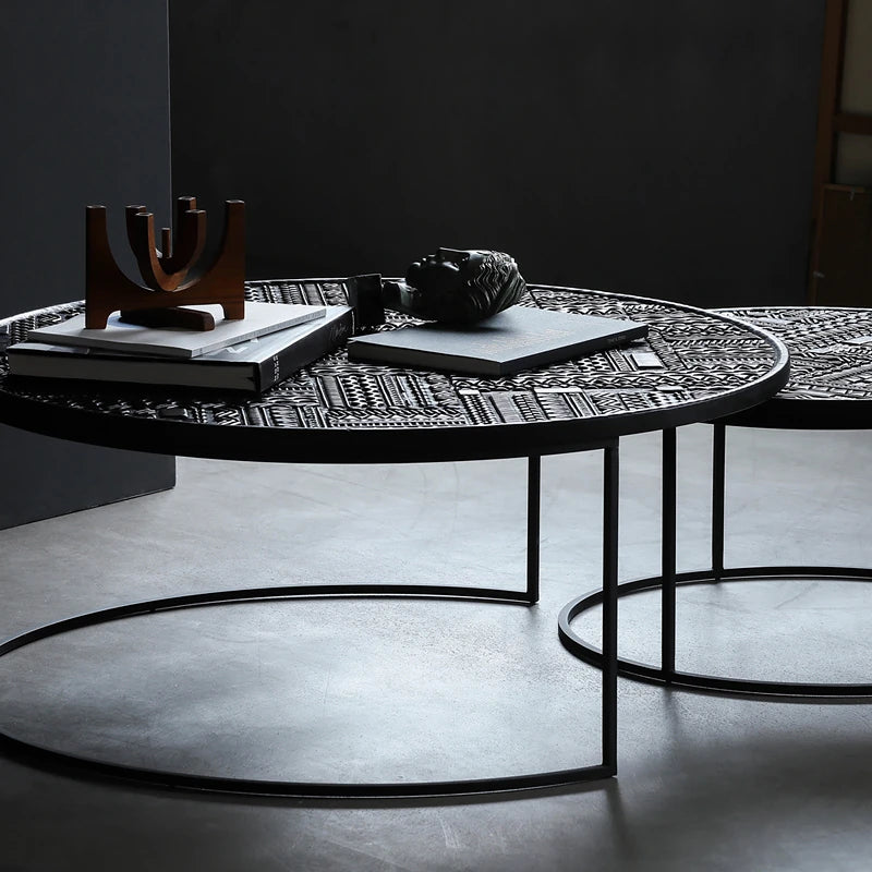 チーク材使用!スタイリッシュなデザインのセンターテーブル【彫刻模様】 hsxz-2197