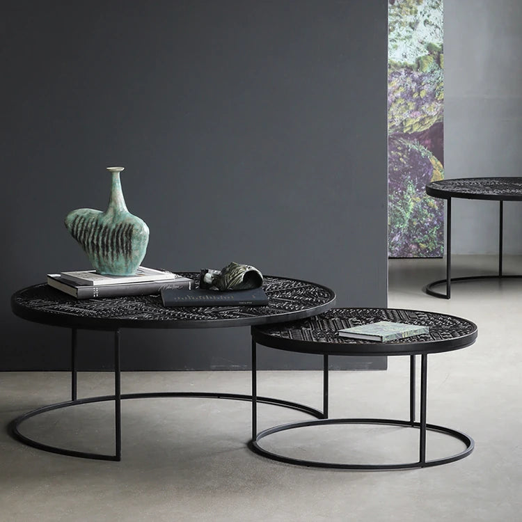 チーク材使用!スタイリッシュなデザインのセンターテーブル【彫刻模様】 hsxz-2197