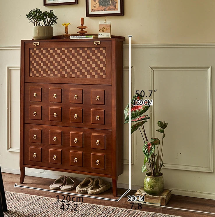 アッシュ材製モダンキャビネット|チェックパターン扉付き収納家具|スタイリッシュなインテリアに最適 hsysg-4992