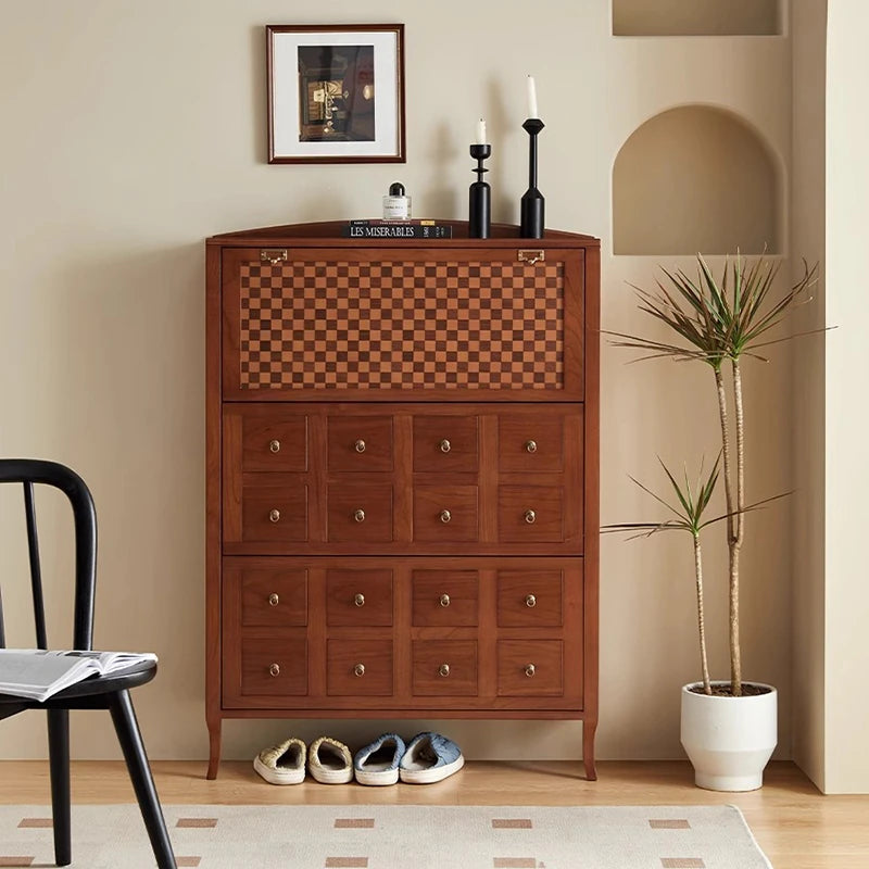 アッシュ材製モダンキャビネット|チェックパターン扉付き収納家具|スタイリッシュなインテリアに最適 hsysg-4992