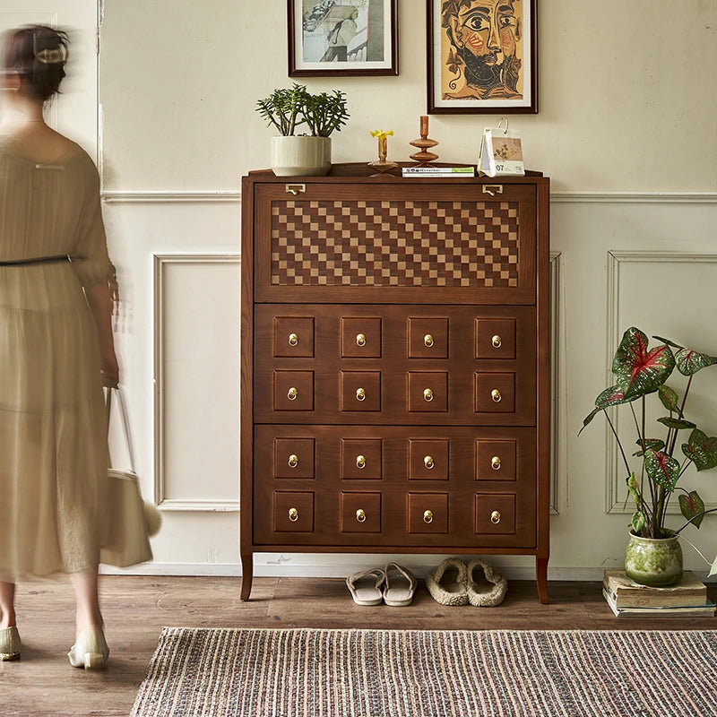 アッシュ材製モダンキャビネット|チェックパターン扉付き収納家具|スタイリッシュなインテリアに最適 hsysg-4992