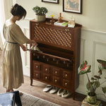 アッシュ材製モダンキャビネット|チェックパターン扉付き収納家具|スタイリッシュなインテリアに最適 hsysg-4992