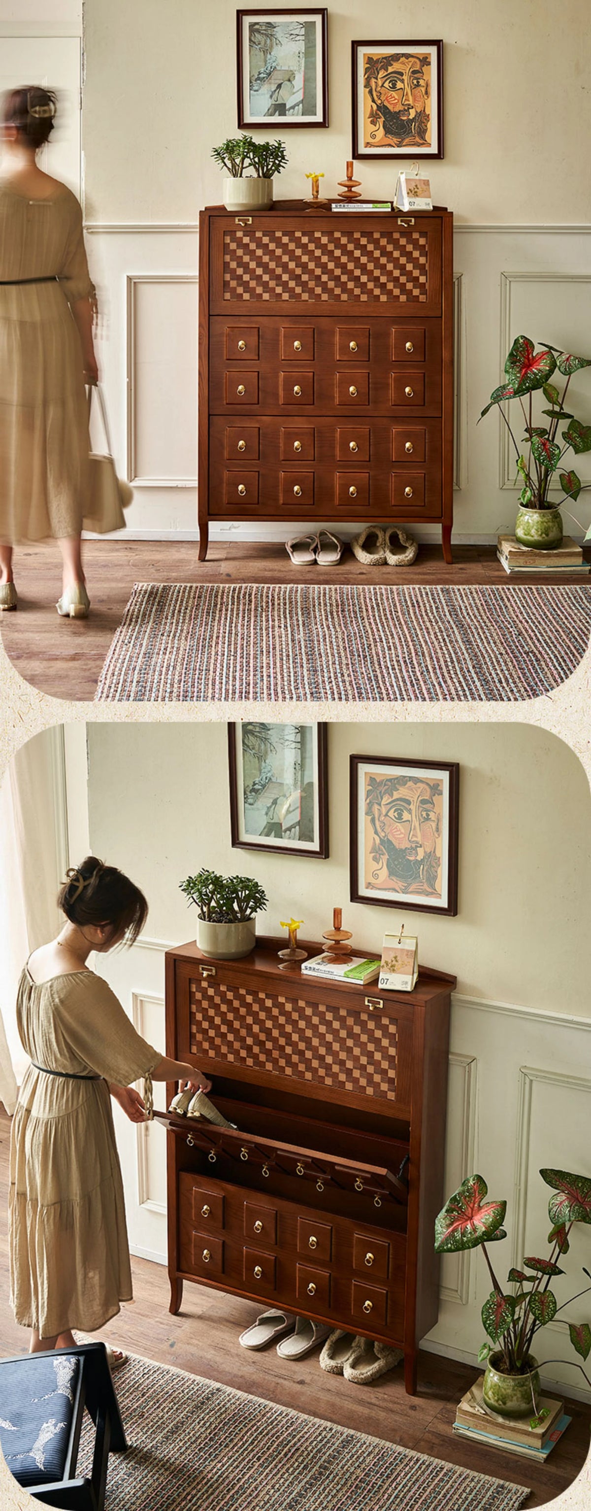 アッシュ材製モダンキャビネット|チェックパターン扉付き収納家具|スタイリッシュなインテリアに最適 hsysg-4992