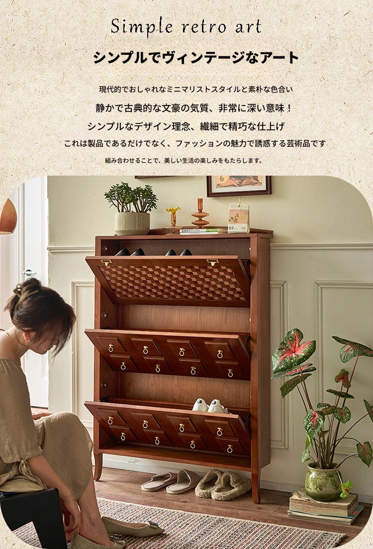 アッシュ材製モダンキャビネット|チェックパターン扉付き収納家具|スタイリッシュなインテリアに最適 hsysg-4992