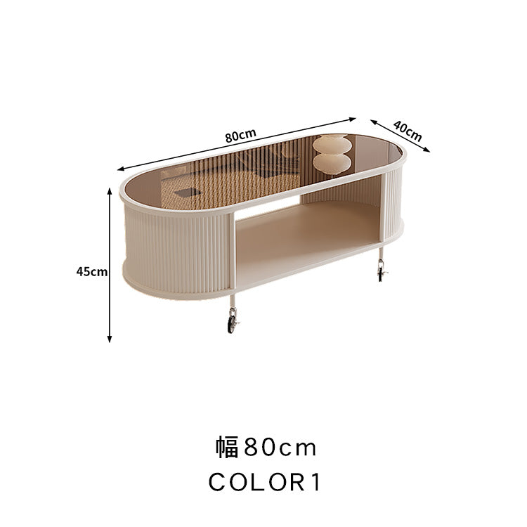 フレンチクリーム風|移動式ローテーブル|リビング用|省スペース対応|楕円形|高見えシンプルサイドテーブル htt-3841
