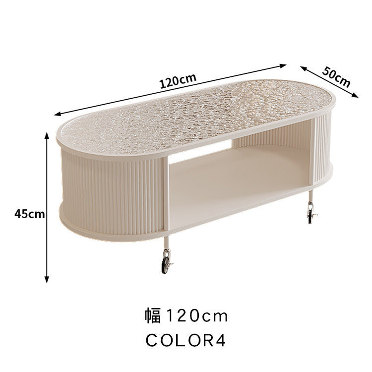 フレンチクリーム風|移動式ローテーブル|リビング用|省スペース対応|楕円形|高見えシンプルサイドテーブル htt-3841