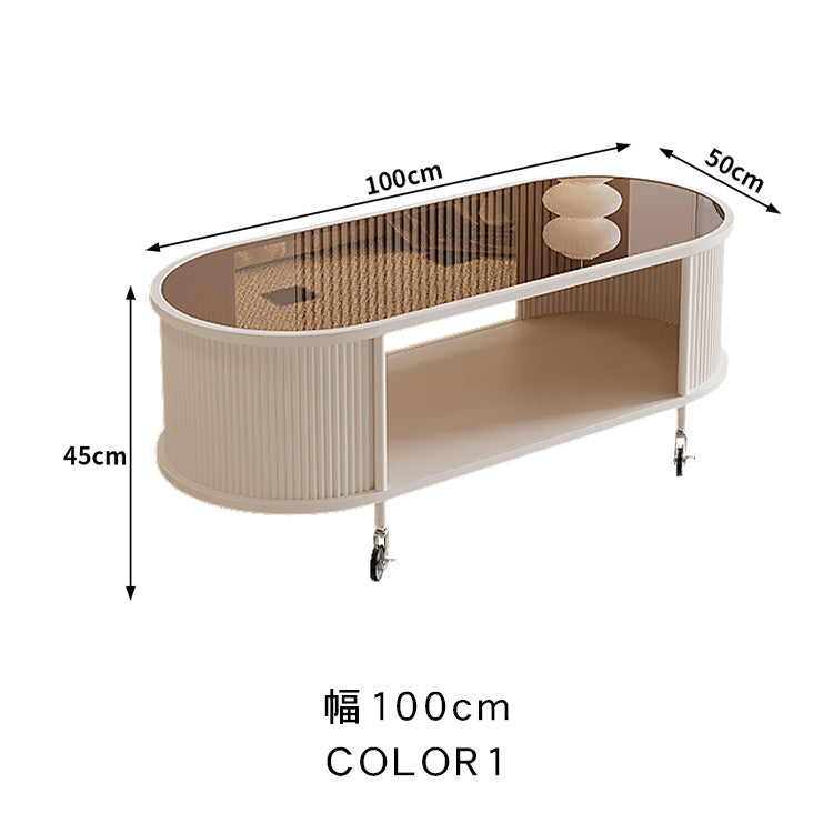 フレンチクリーム風|移動式ローテーブル|リビング用|省スペース対応|楕円形|高見えシンプルサイドテーブル htt-3841