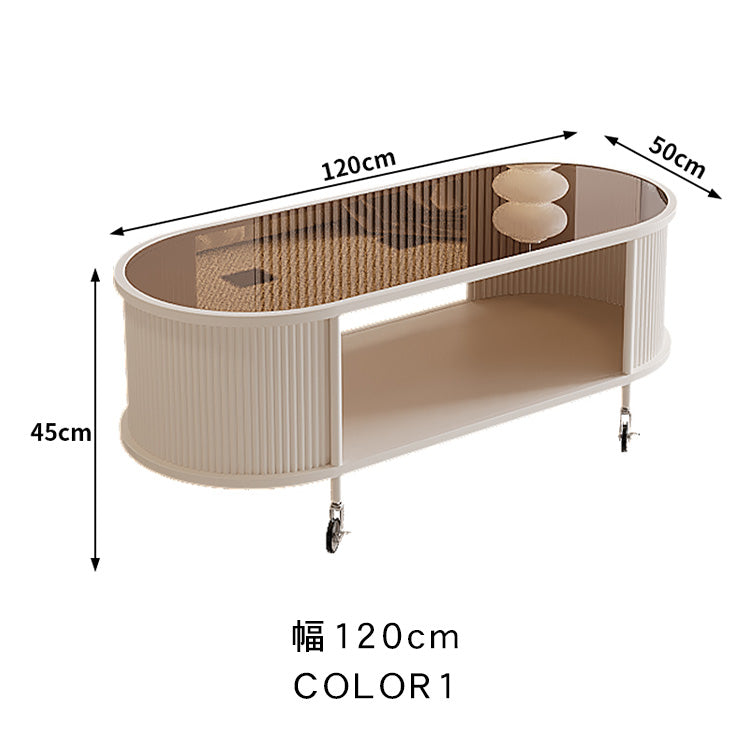 フレンチクリーム風|移動式ローテーブル|リビング用|省スペース対応|楕円形|高見えシンプルサイドテーブル htt-3841