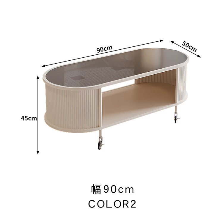 フレンチクリーム風|移動式ローテーブル|リビング用|省スペース対応|楕円形|高見えシンプルサイドテーブル htt-3841