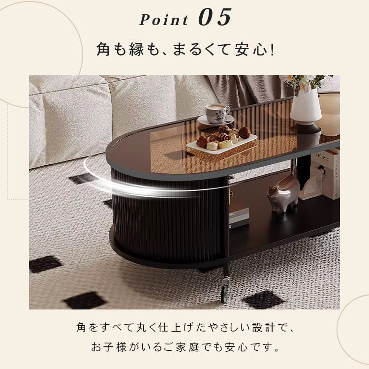 フレンチクリーム風|移動式ローテーブル|リビング用|省スペース対応|楕円形|高見えシンプルサイドテーブル htt-3841
