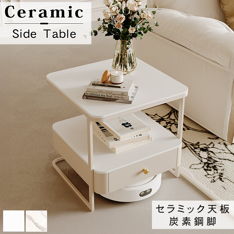 クリームスタイル ソファサイドテーブル セラミック天板 小型スクエア 北欧ミニマル ベッドサイド&リビング用 ライトラグジュアリー感 htt-3849