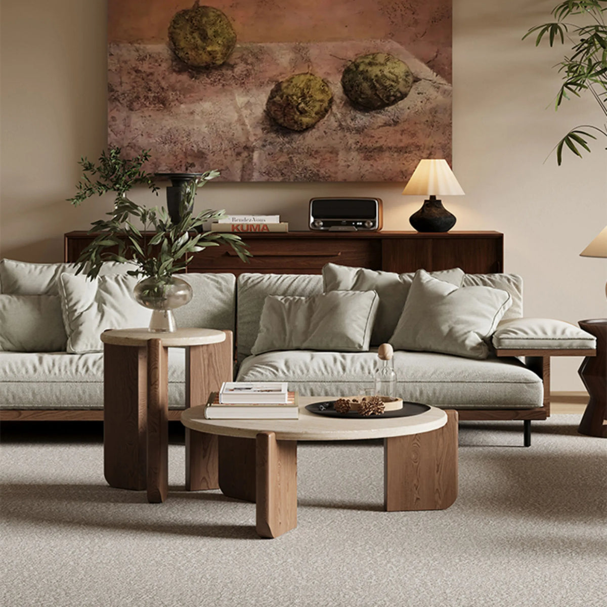 レッドオークと石のセンターテーブル|魅力のあるリビングを演出する洗練されたデザイン hty-2058