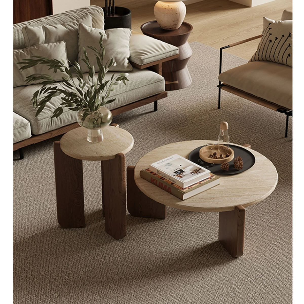 レッドオークと石のセンターテーブル|魅力のあるリビングを演出する洗練されたデザイン hty-2058