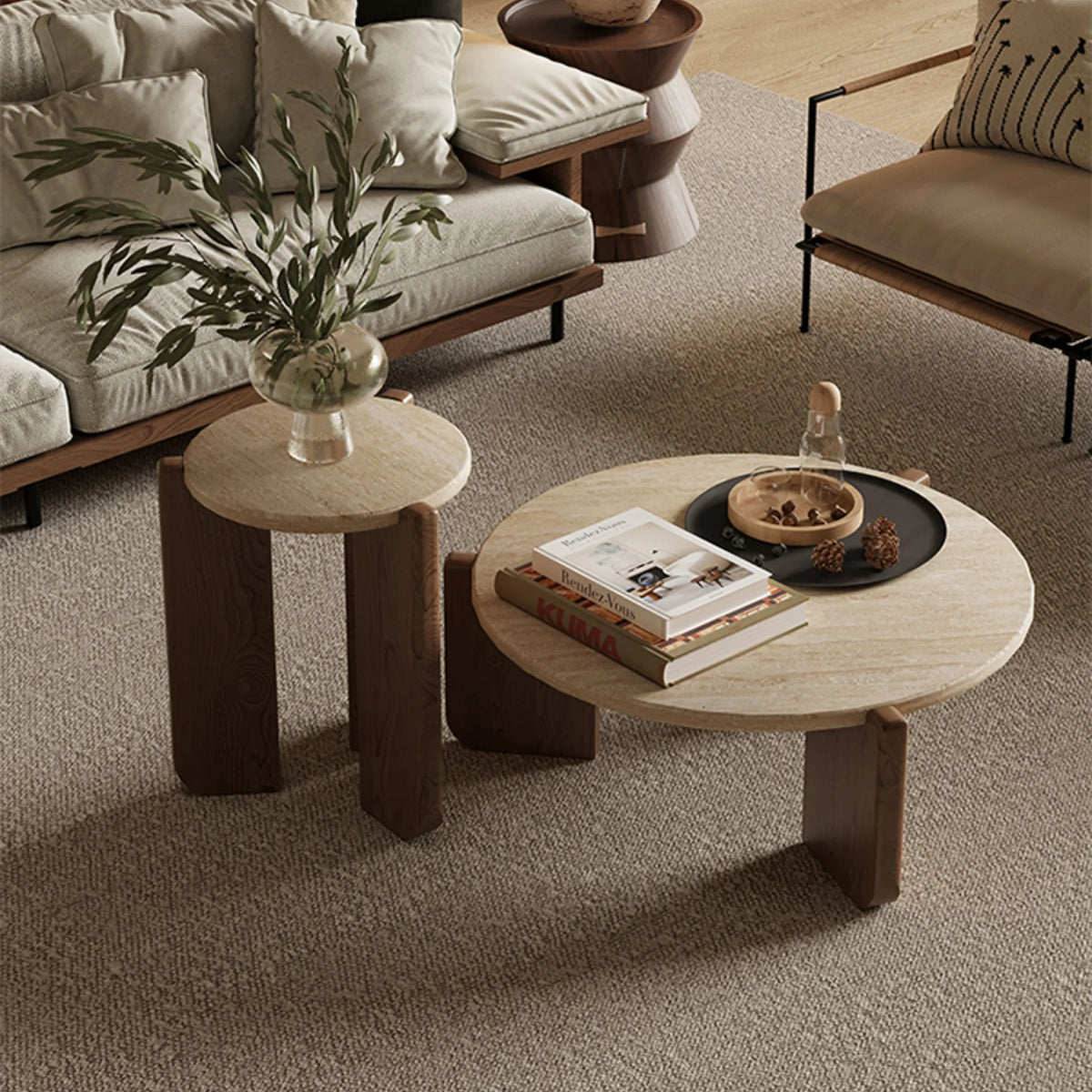 レッドオークと石のセンターテーブル|魅力のあるリビングを演出する洗練されたデザイン hty-2058