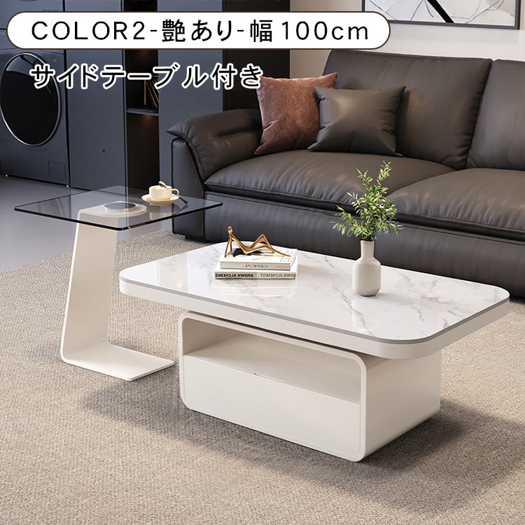 ホワイト×クリアガラス セラミック天板センターテーブルセットリビング向け モダンデザインのローテーブル&サイドテーブル htyjj-5948-2