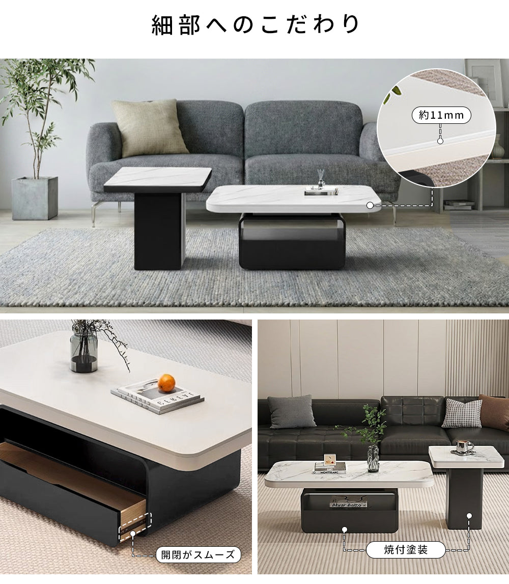 ホワイト×クリアガラス セラミック天板センターテーブルセット リビング向け モダンデザインのローテーブル&サイドテーブル htyjj-5948-2