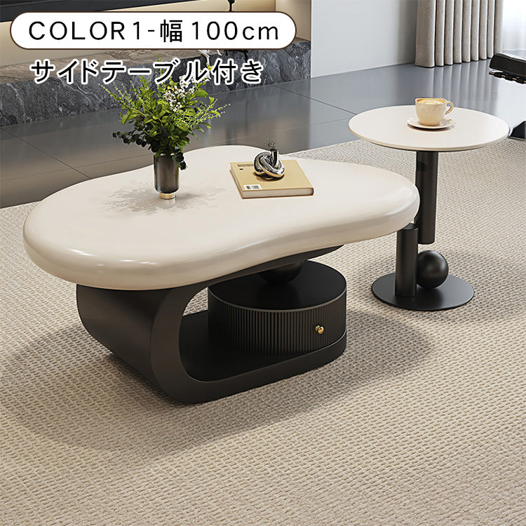 モダンデザイン センターテーブル リビング用有機フォルムのローテーブル 収納付きブラックベース htyjj-6569