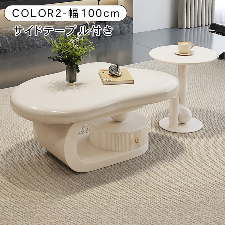 モダンデザイン センターテーブル リビング用有機フォルムのローテーブル 収納付きブラックベース htyjj-6569