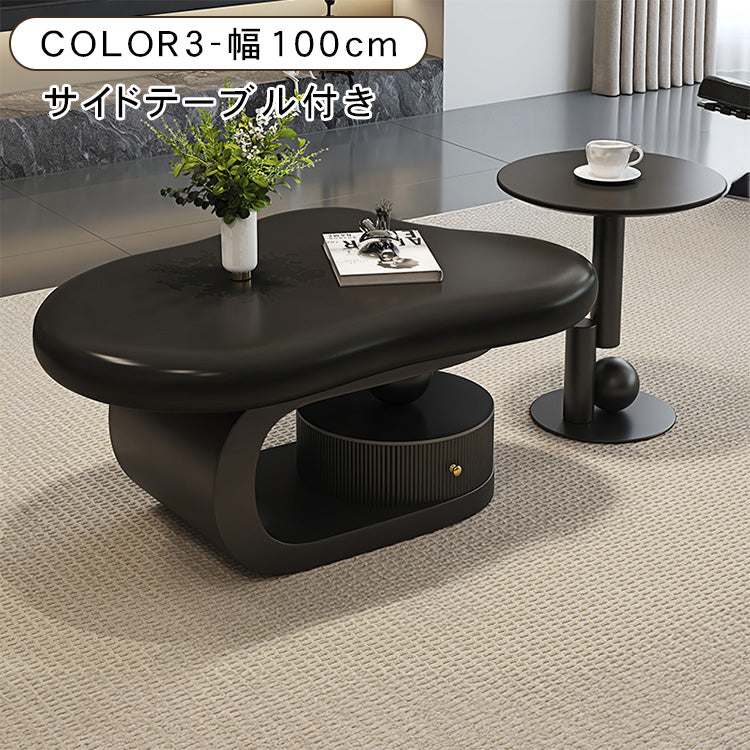 モダンデザイン センターテーブル リビング用有機フォルムのローテーブル 収納付きブラックベース htyjj-6569