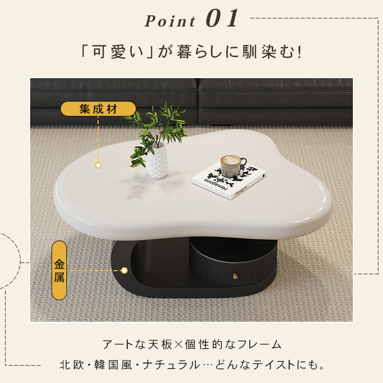 モダンデザイン センターテーブル リビング用有機フォルムのローテーブル 収納付きブラックベース htyjj-6569