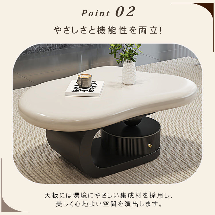 モダンデザイン センターテーブル リビング用有機フォルムのローテーブル 収納付きブラックベース htyjj-6569