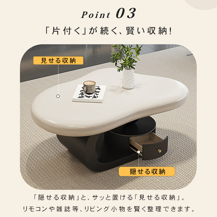 モダンデザイン センターテーブル リビング用有機フォルムのローテーブル 収納付きブラックベース htyjj-6569