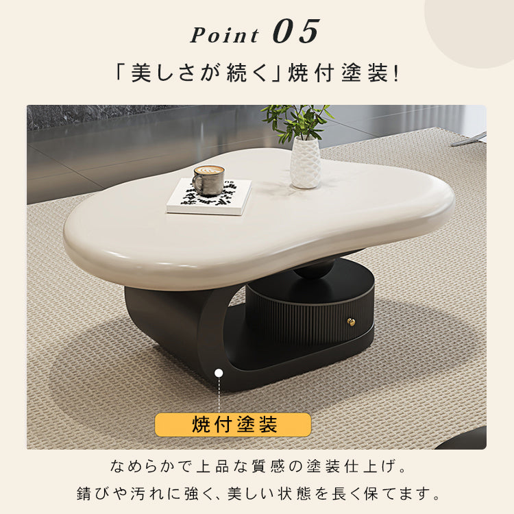 モダンデザイン センターテーブル リビング用有機フォルムのローテーブル 収納付きブラックベース htyjj-6569