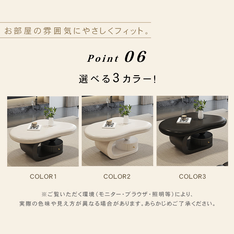 モダンデザイン センターテーブル リビング用有機フォルムのローテーブル 収納付きブラックベース htyjj-6569