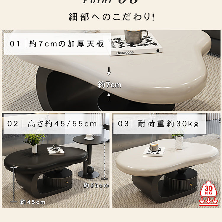 モダンデザイン センターテーブル リビング用有機フォルムのローテーブル 収納付きブラックベース htyjj-6569