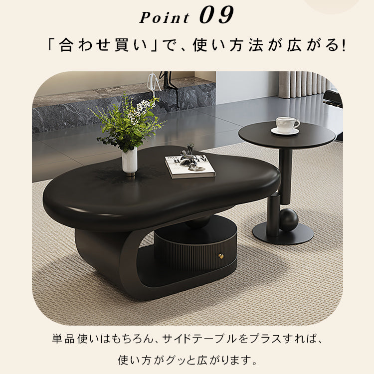 モダンデザイン センターテーブル リビング用有機フォルムのローテーブル 収納付きブラックベース htyjj-6569