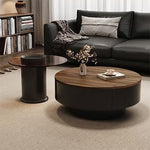 ウォールナット調センターテーブルセット リビング向け 丸型ローテーブル&サイドテーブル 収納一体デザイン htyjj-6571