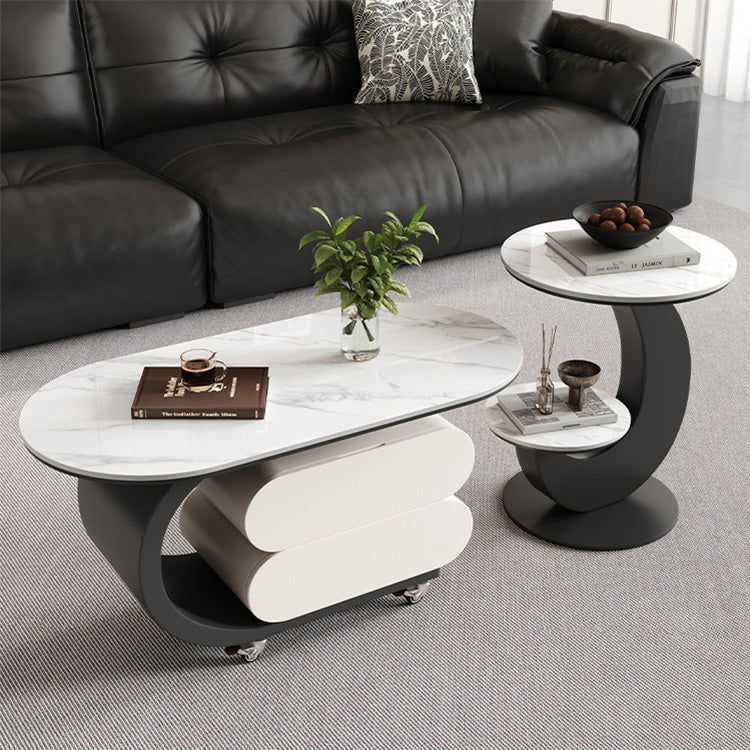 モダンデザインのセラミック天板センターテーブルセット リビングに映える収納付きローテーブル+サイドテーブル htyjj-6572