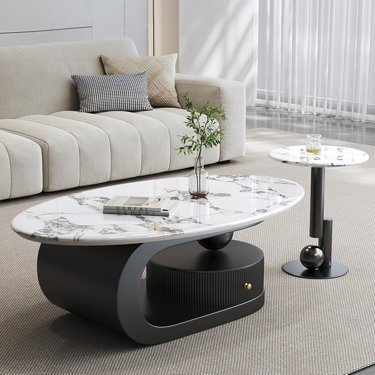 マイクロクリスタルストーン天板センターテーブルセットリビングを彩るオーバルローテーブル+サイドテーブルのモダンスタイル htyjj-6574