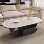 セラミック天板のモダンセンターテーブルリビング向け ブラック×ホワイト 楕円型ローテーブル 収納付き htyjj-6576