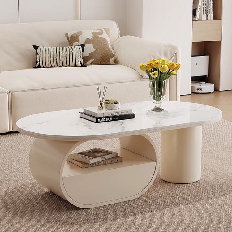 アイボリー×セラミック天板のエレガントセンターテーブルリビング向け 楕円型ローテーブル 収納スペース付き htyjj-6577